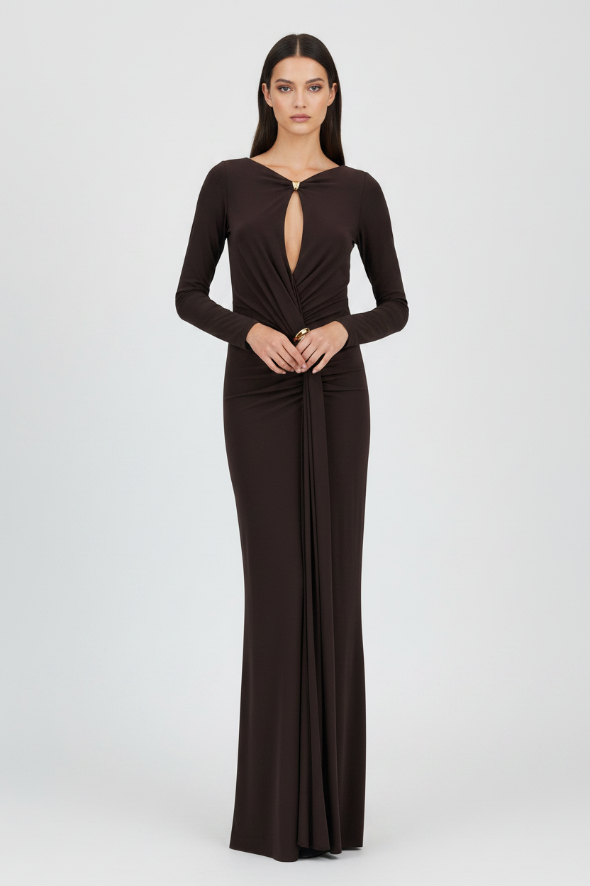 Brown Viscose Long Dress Elisabetta Franchi – Red Carpet