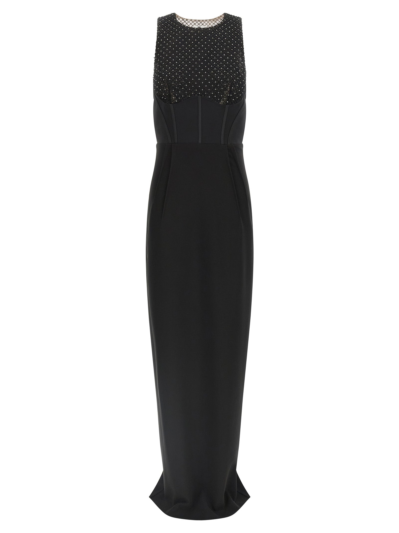 Elisabetta Franchi Crystal Mesh Bodice Column Maxi Dress in Black