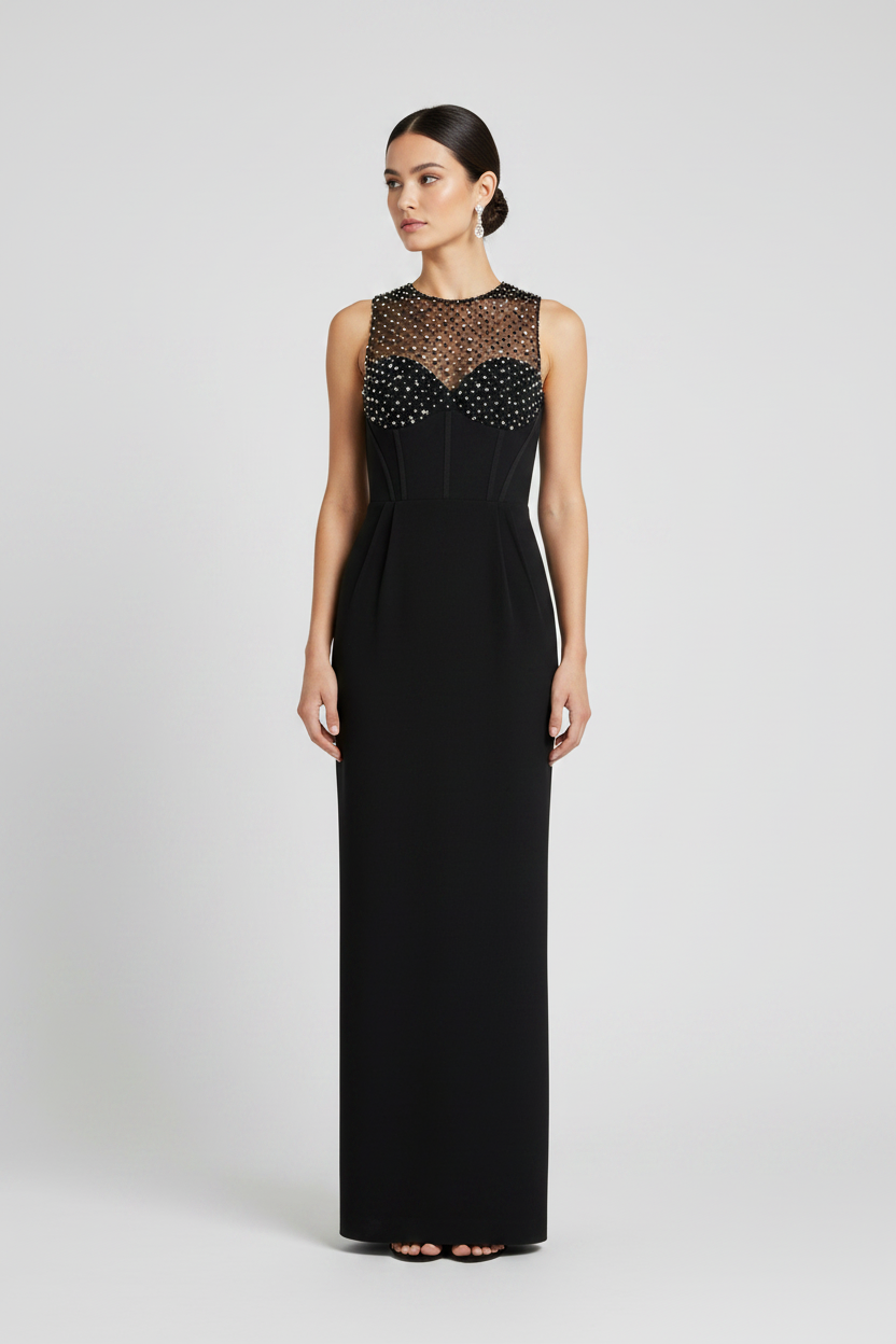 Elisabetta Franchi Crystal Mesh Bodice Column Maxi Dress in Black