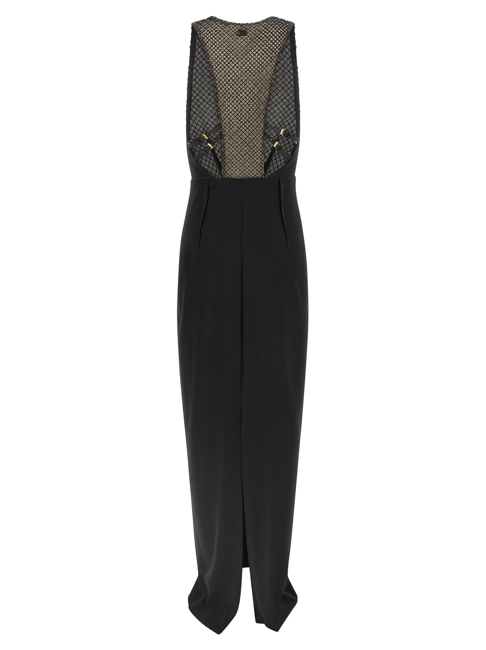 Elisabetta Franchi Crystal Mesh Bodice Column Maxi Dress in Black