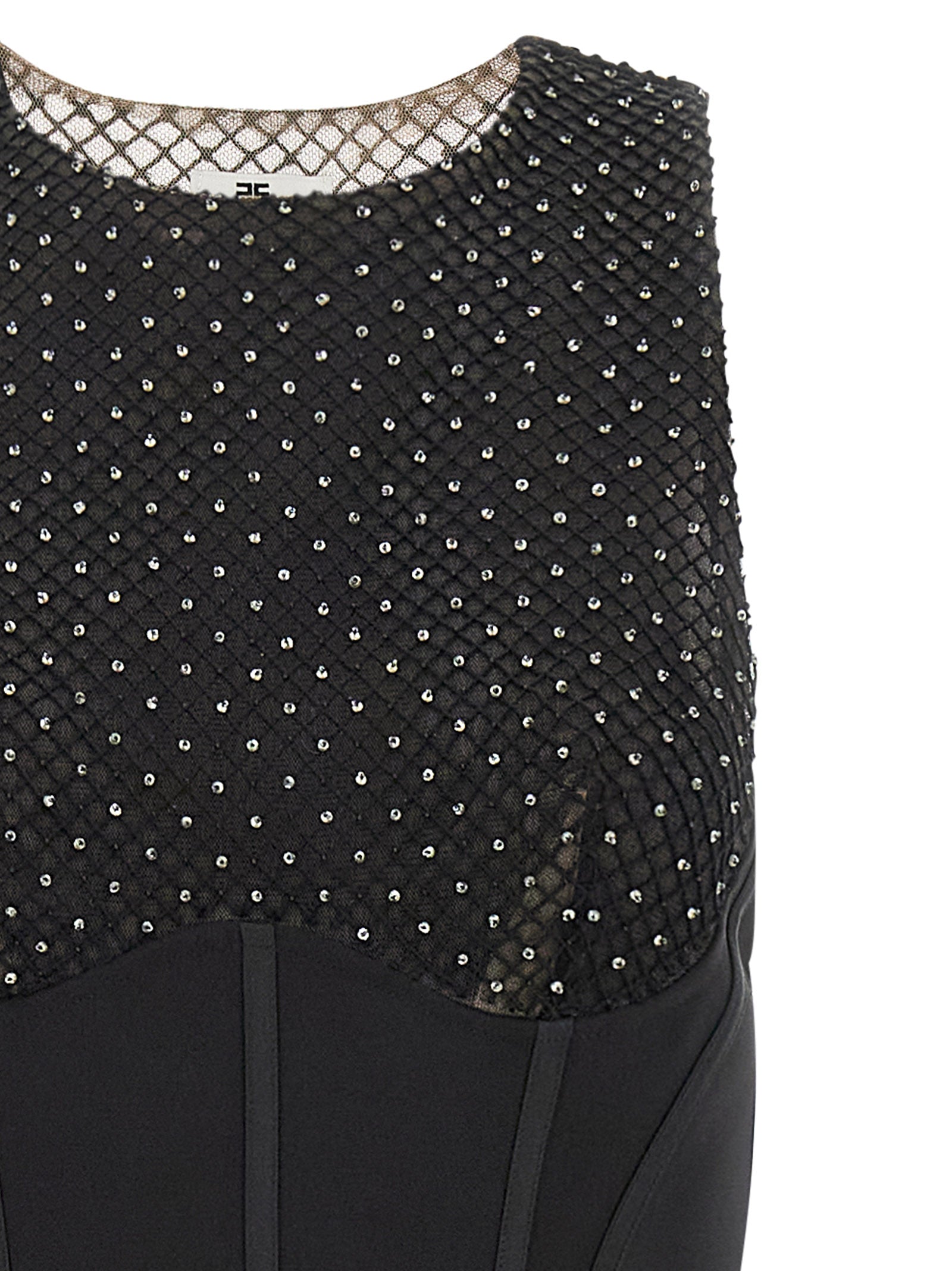 Elisabetta Franchi Crystal Mesh Bodice Column Maxi Dress in Black
