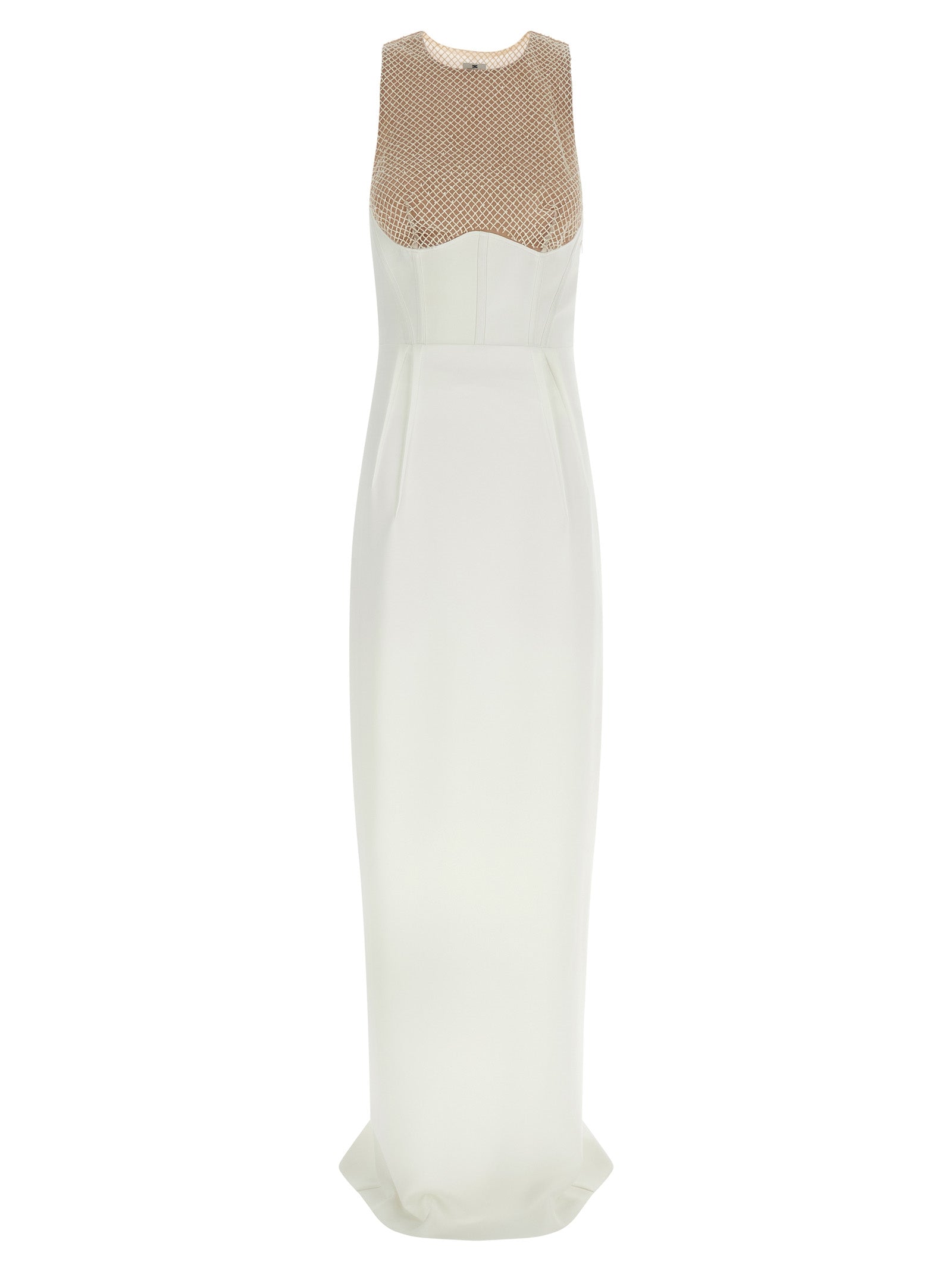 Elisabetta Franchi Crystal Mesh Bodice Column Maxi Dress in White