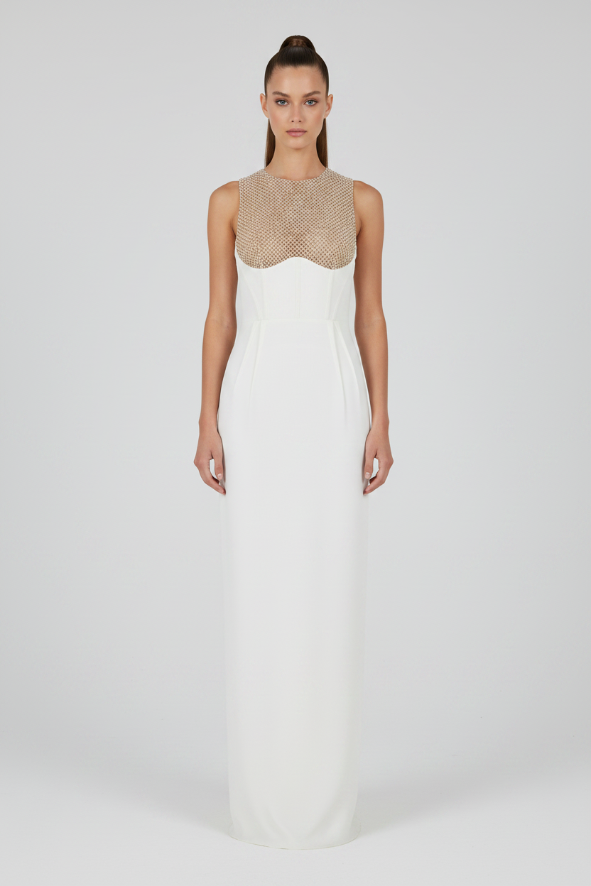 Elisabetta Franchi Crystal Mesh Bodice Column Maxi Dress in White