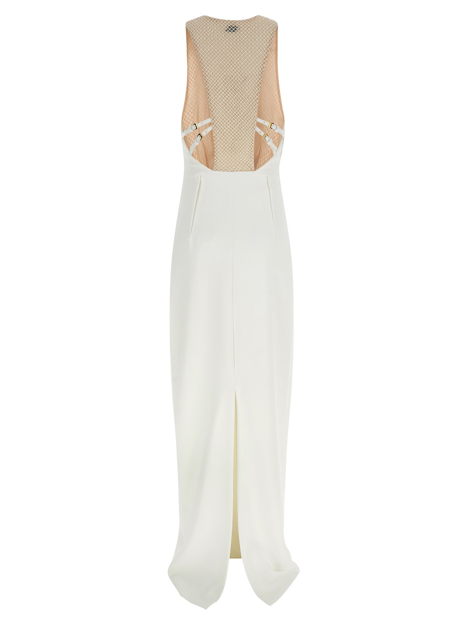 Elisabetta Franchi Crystal Mesh Bodice Column Maxi Dress in White