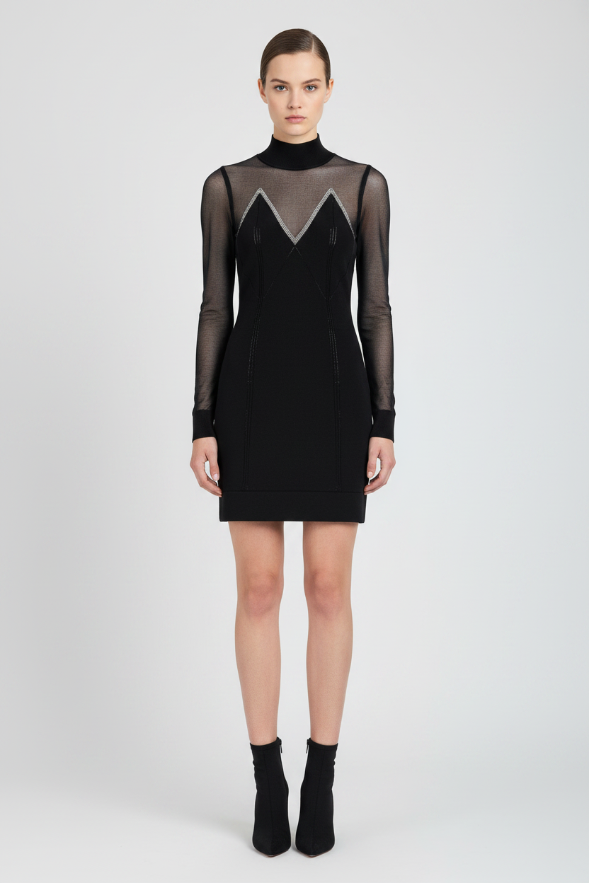 Elisabetta Franchi Semi-Sheer Turtleneck Mini Dress with Crystal Zigzag Detail in Black
