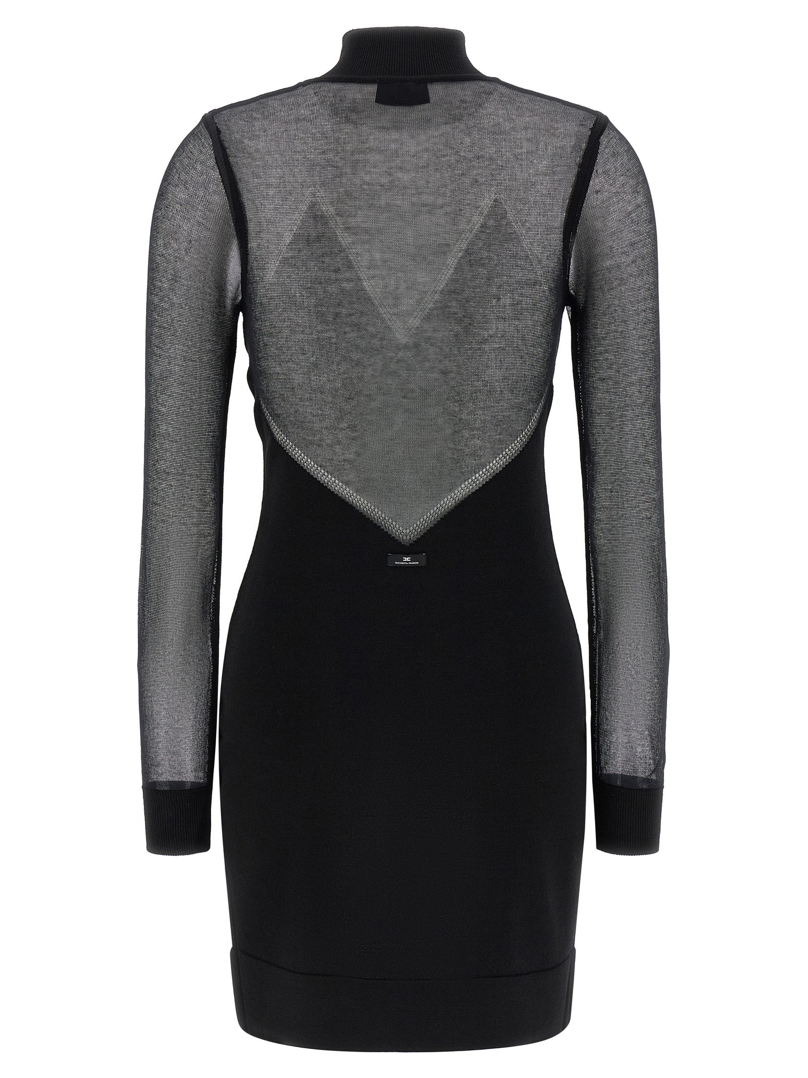 Elisabetta Franchi Semi-Sheer Turtleneck Mini Dress with Crystal Zigzag Detail in Black