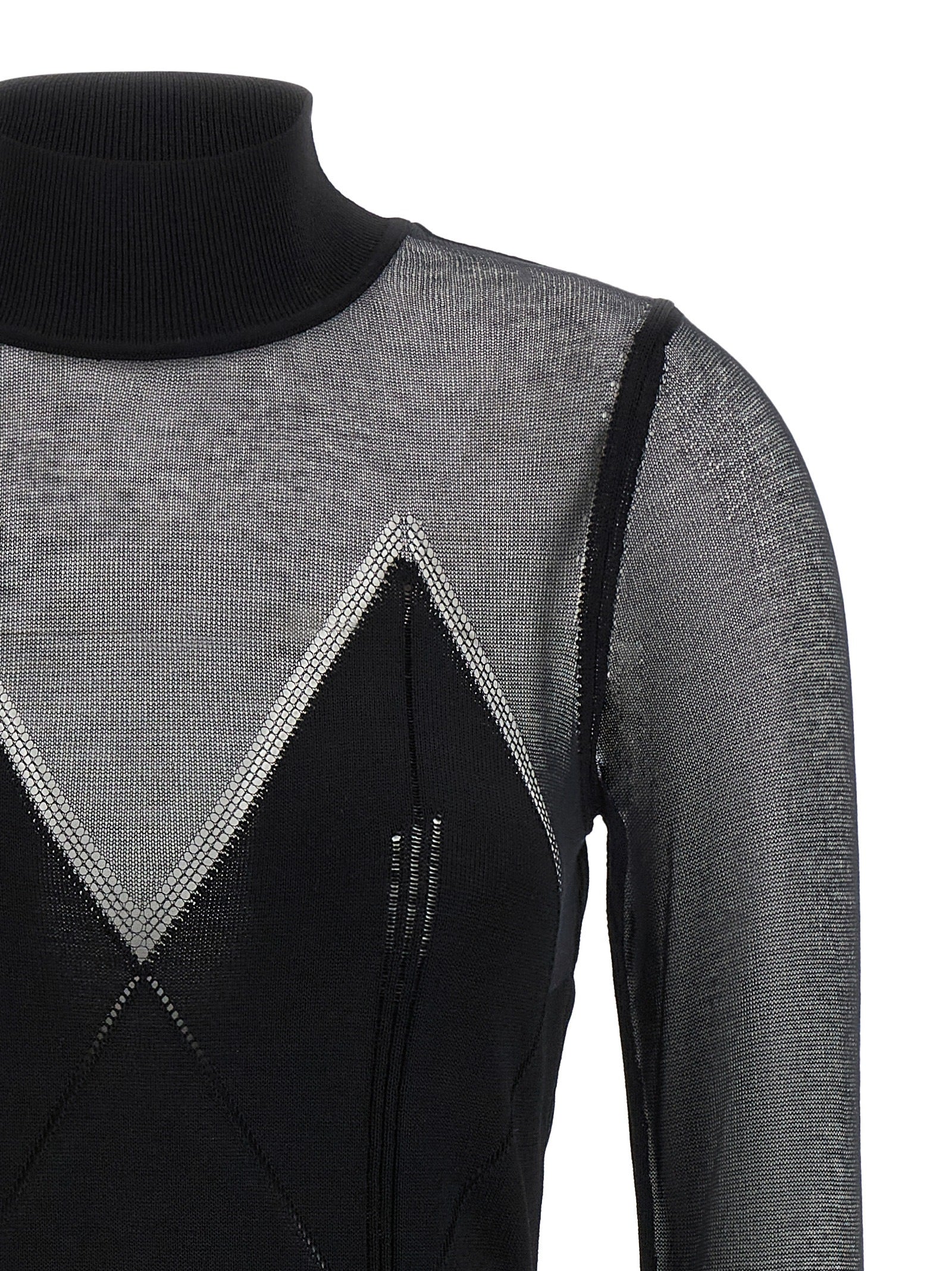 Elisabetta Franchi Semi-Sheer Turtleneck Mini Dress with Crystal Zigzag Detail in Black