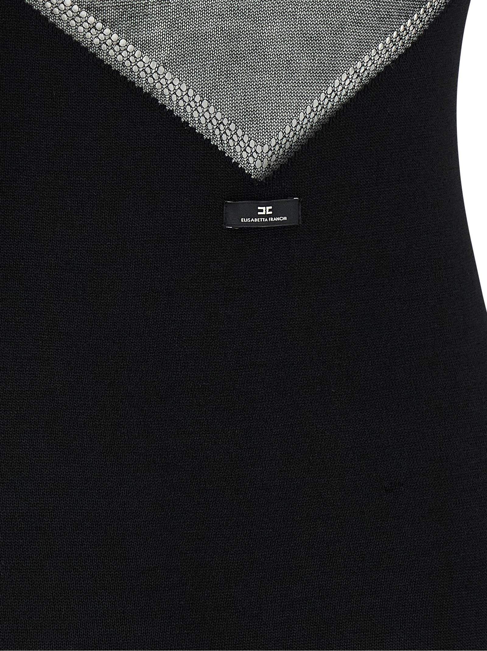 Elisabetta Franchi Semi-Sheer Turtleneck Mini Dress with Crystal Zigzag Detail in Black