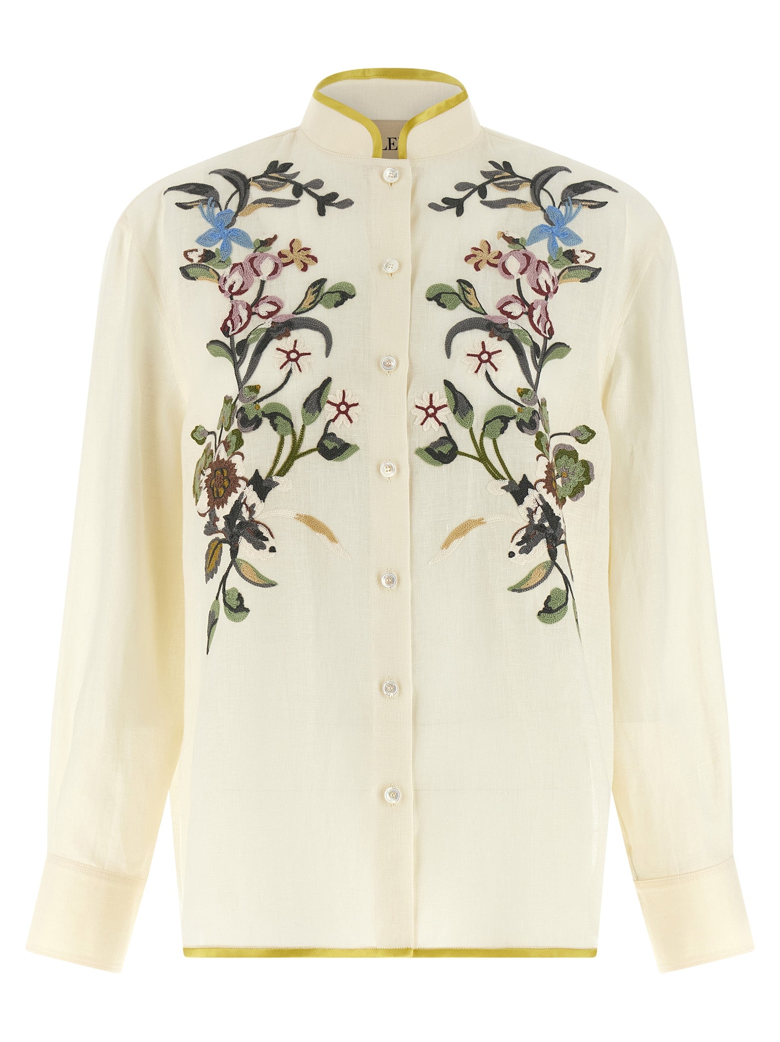 Valentino Garavani Floral Embroidered Linen Shirt in Ivory with Chartreuse Trim