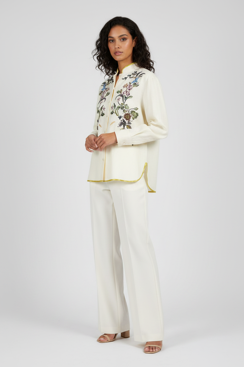 Valentino Garavani Floral Embroidered Linen Shirt in Ivory with Chartreuse Trim