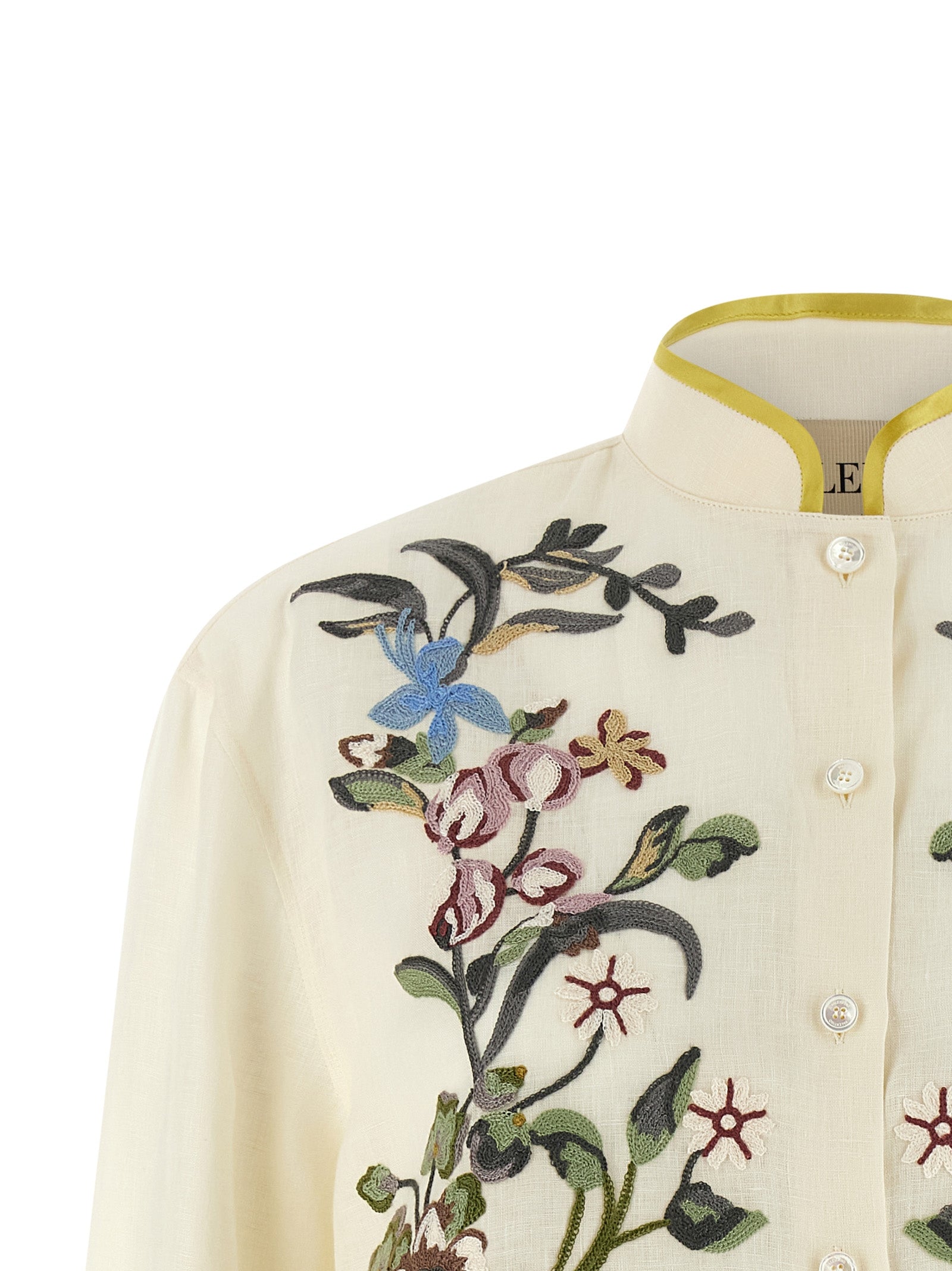 Valentino Garavani Floral Embroidered Linen Shirt in Ivory with Chartreuse Trim
