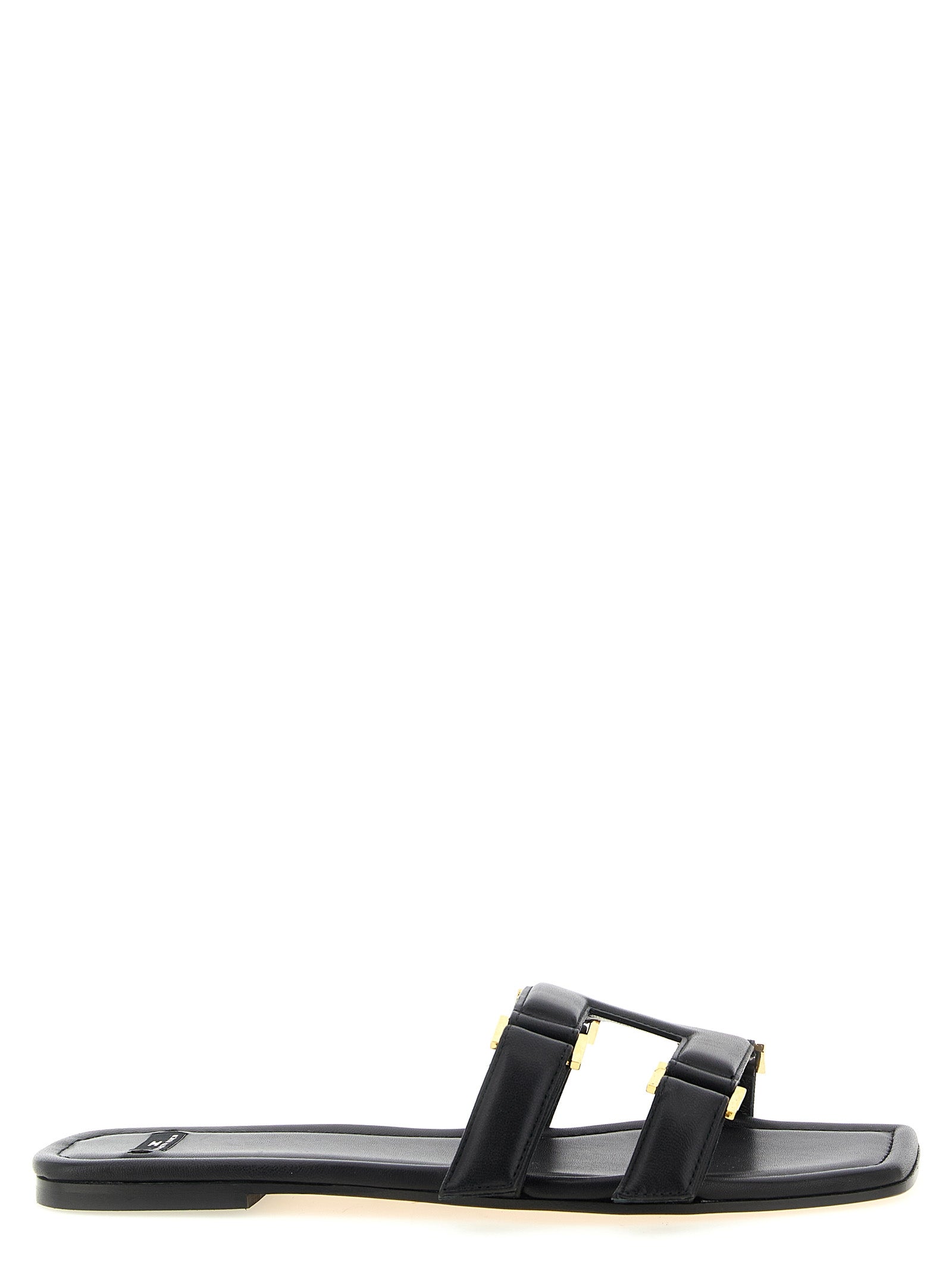 Elisabetta Franchi Black Nappa Leather Slides Metallic Logo Straps