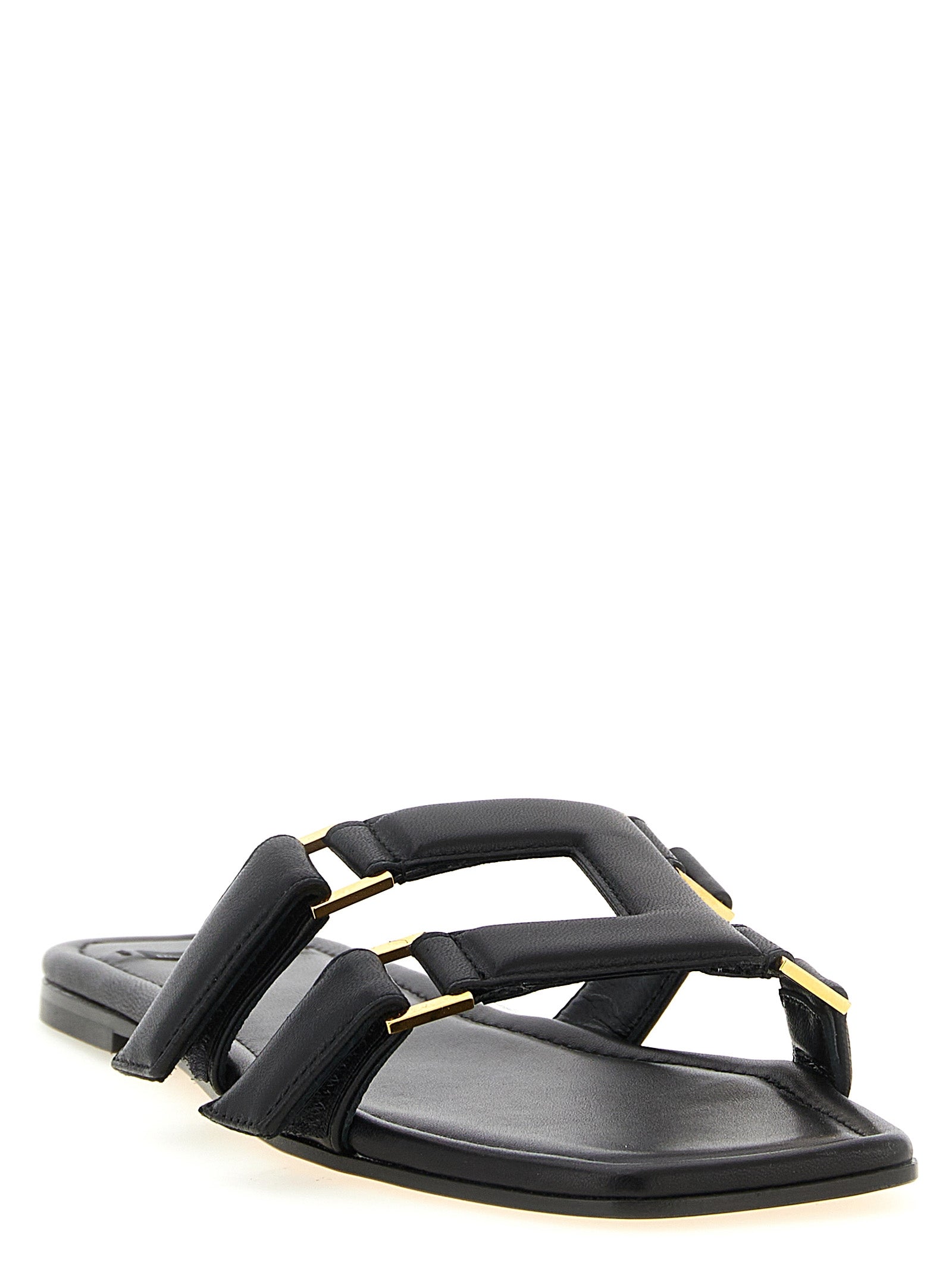 Elisabetta Franchi Black Nappa Leather Slides Metallic Logo Straps