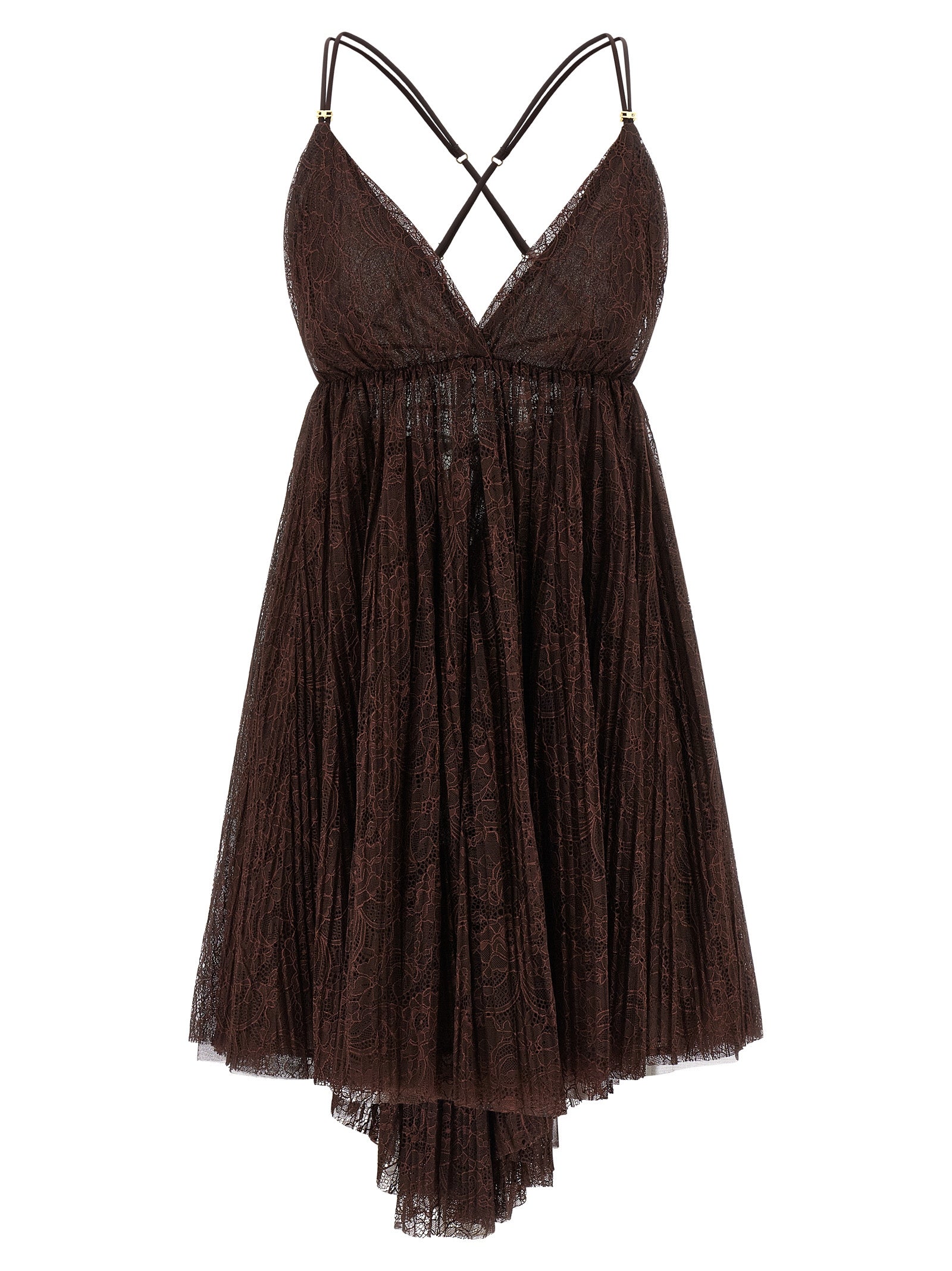Elisabetta Franchi Floral Lace Baby Doll Mini Dress in Chocolate Brown