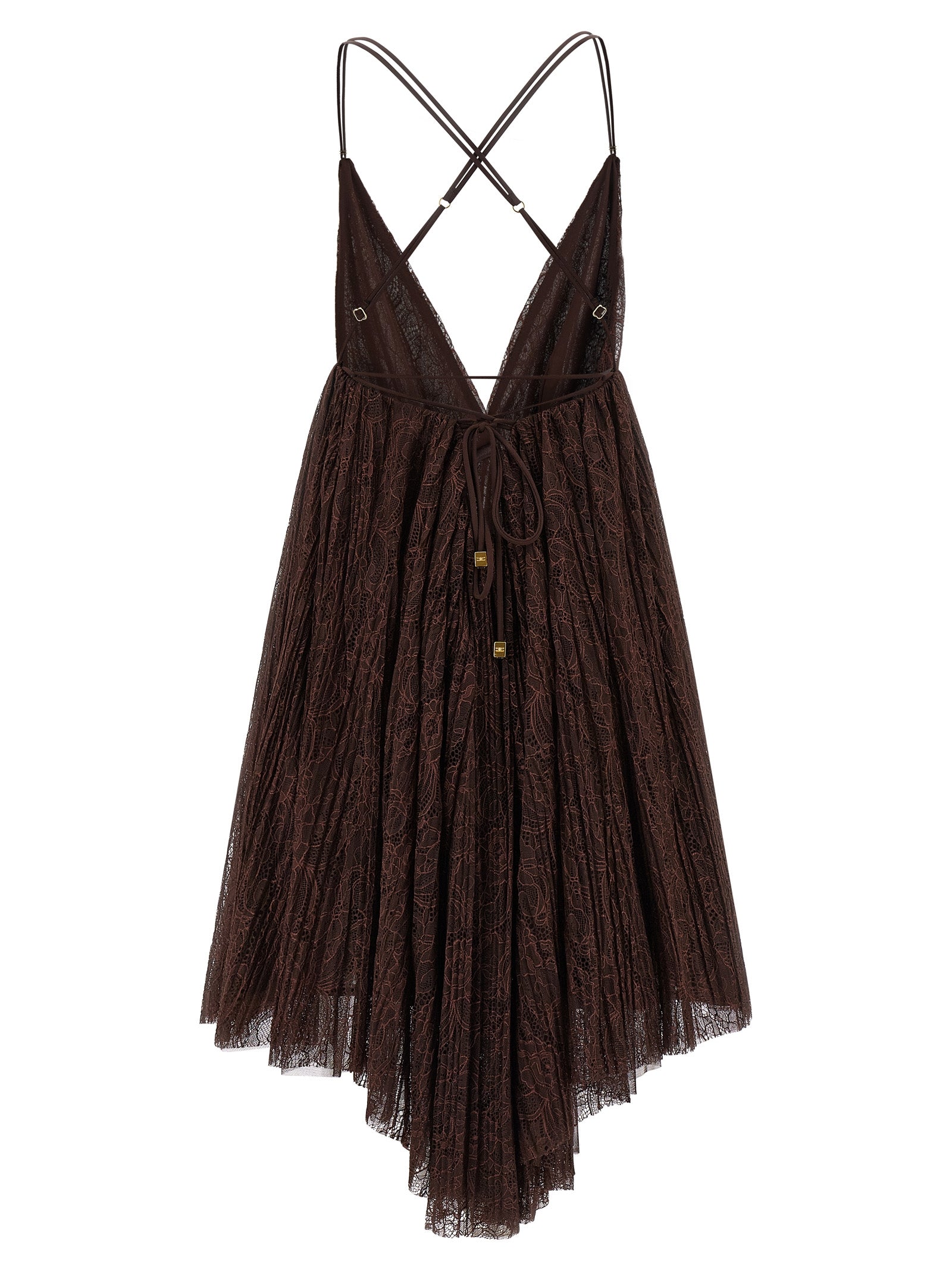Elisabetta Franchi Floral Lace Baby Doll Mini Dress in Chocolate Brown