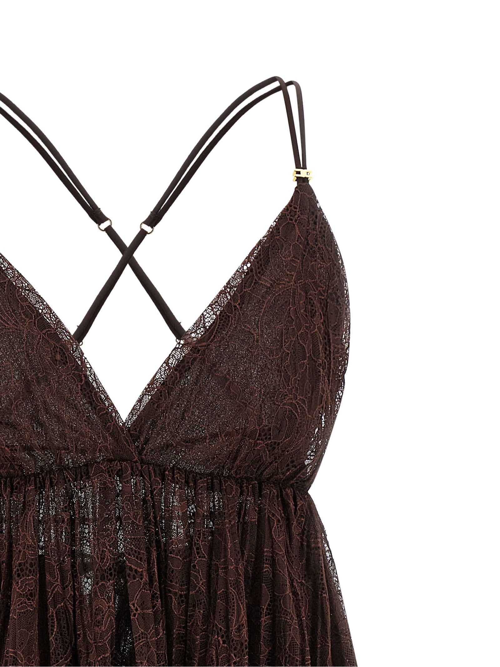 Elisabetta Franchi Floral Lace Baby Doll Mini Dress in Chocolate Brown
