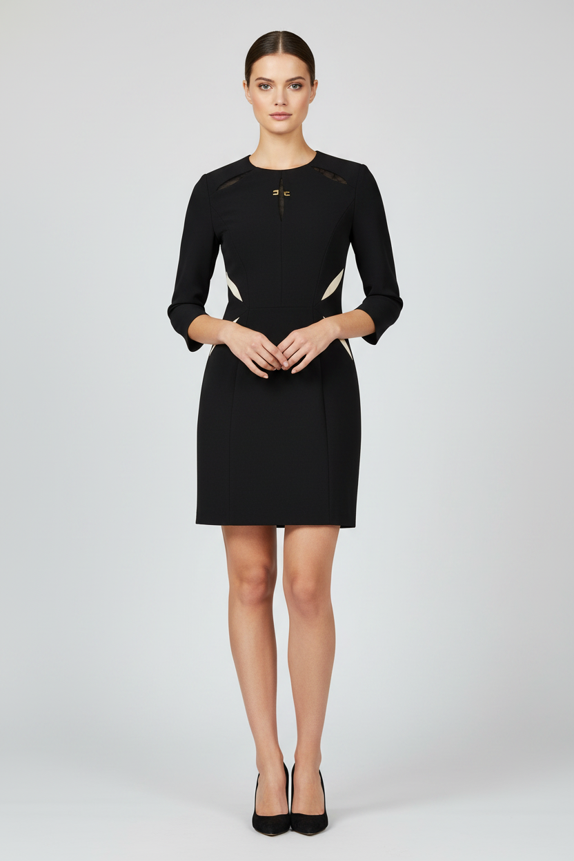 Elisabetta Franchi Logo Mini Dress with Contrast Inserts in Black & Cream