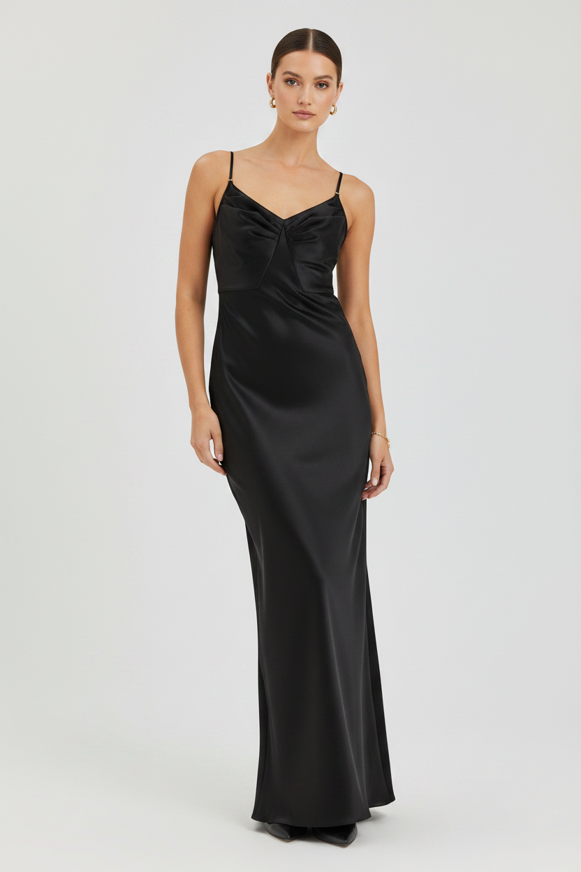 Elisabetta Franchi Satin Slip Maxi Dress in Black