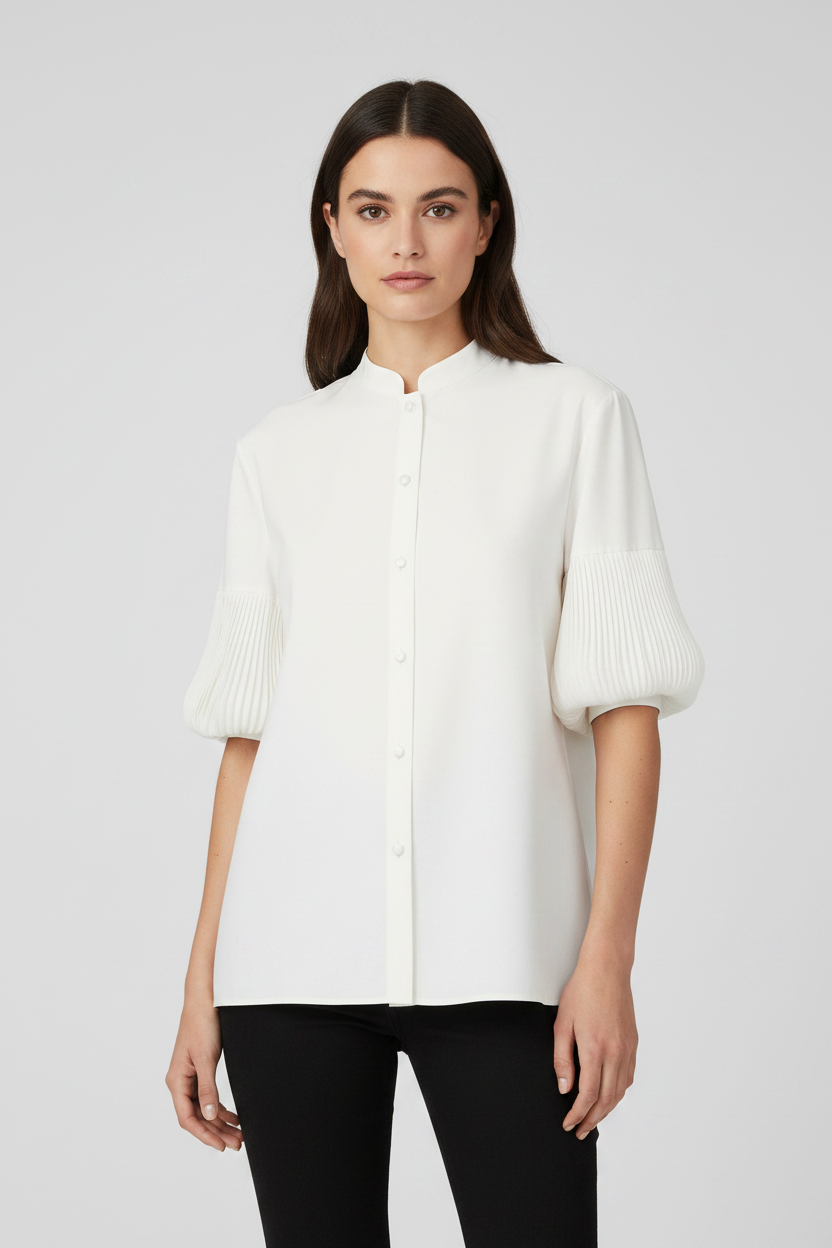 Valentino Garavani White Cotton Poplin Blouse Organza Embroidery Mandarin Collar Short Sleeve Women