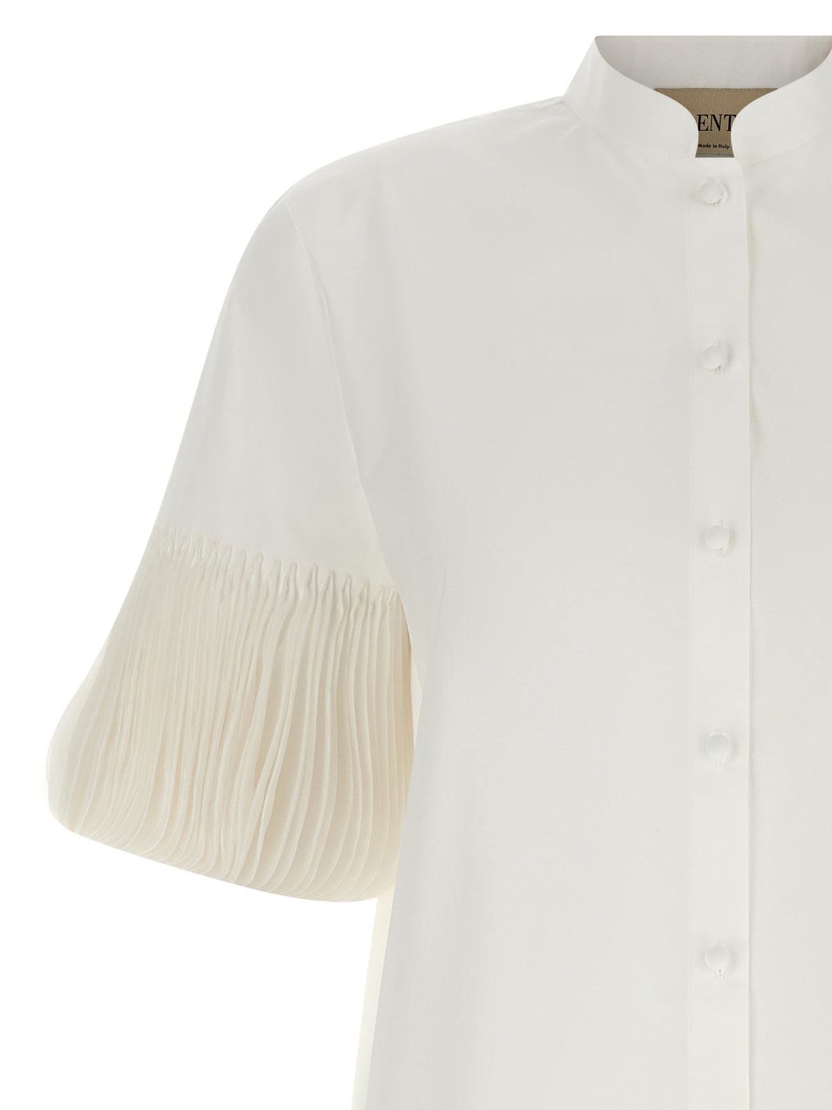 Valentino Garavani White Cotton Poplin Blouse Organza Embroidery Mandarin Collar Short Sleeve Women