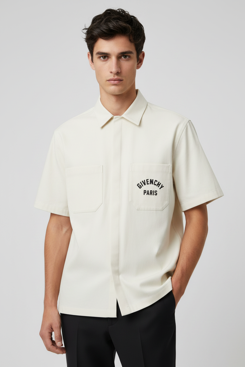 Givenchy Beige Cotton Short Sleeve Shirt Logo Embroidery Pockets Men