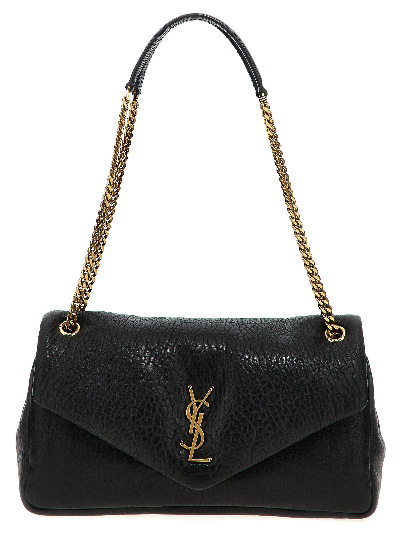 Saint Laurent Calypso Quilted Hammered Leather Shoulder Bag in Black | Made in Italy
