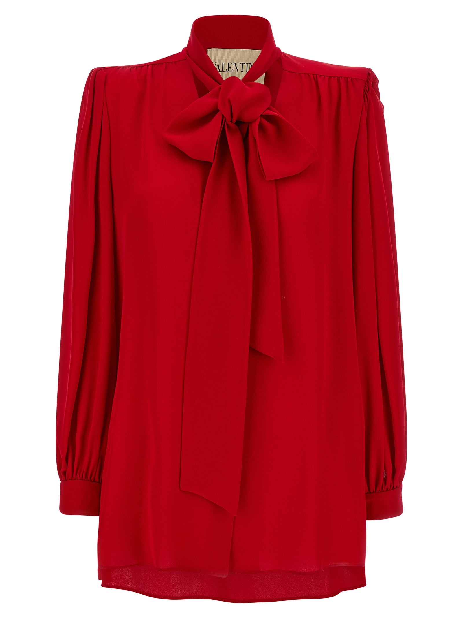 Valentino Garavani Red Silk Crepe de Chine Bow Blouse Statement Collar Curled Shoulders Women