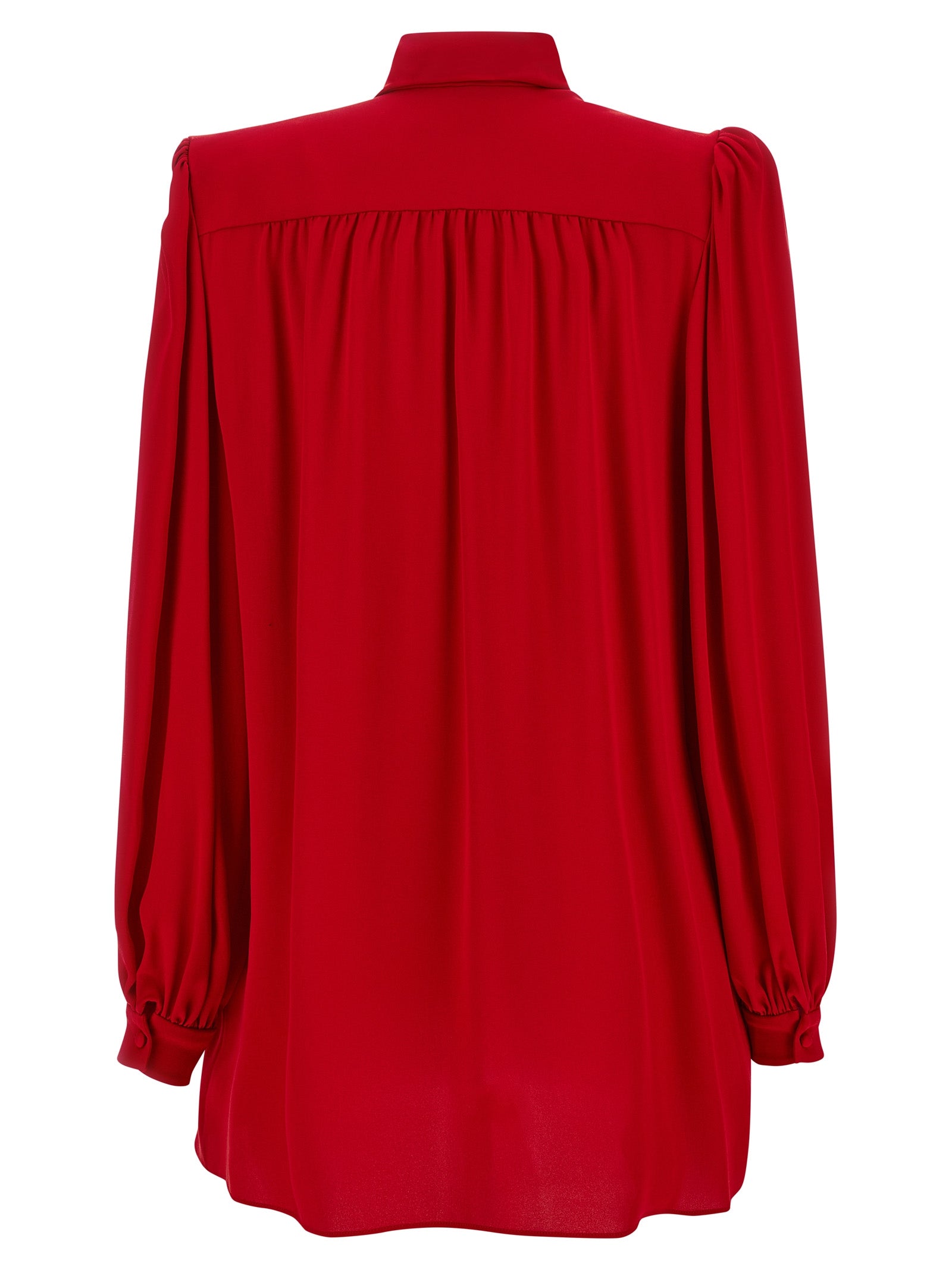 Valentino Garavani Red Silk Crepe de Chine Bow Blouse Statement Collar Curled Shoulders Women