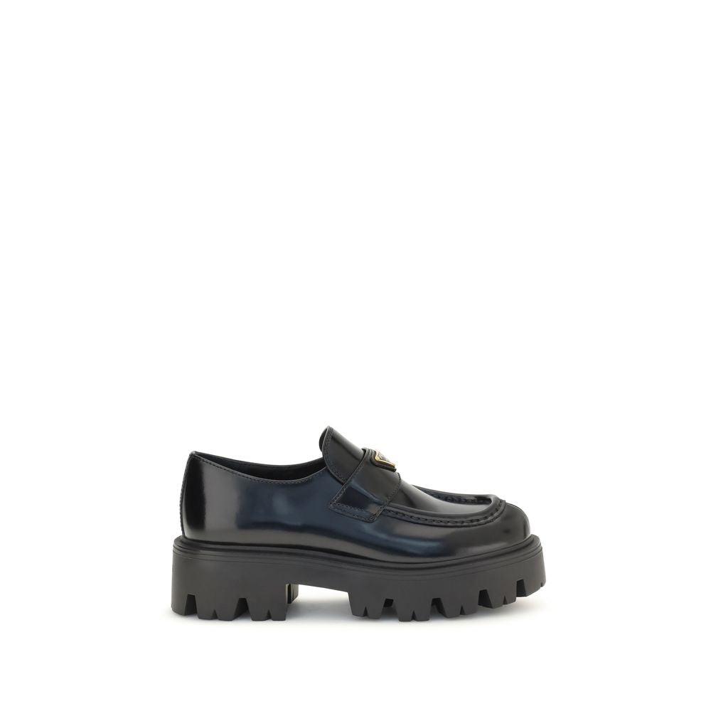 Prada Black Brushed Calfskin Slip-On Loafers Triangle Logo AW26