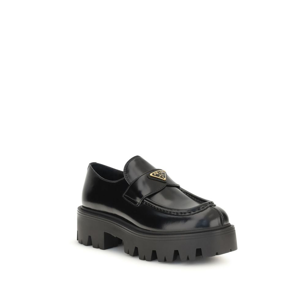 Prada Black Brushed Calfskin Slip-On Loafers Triangle Logo AW26