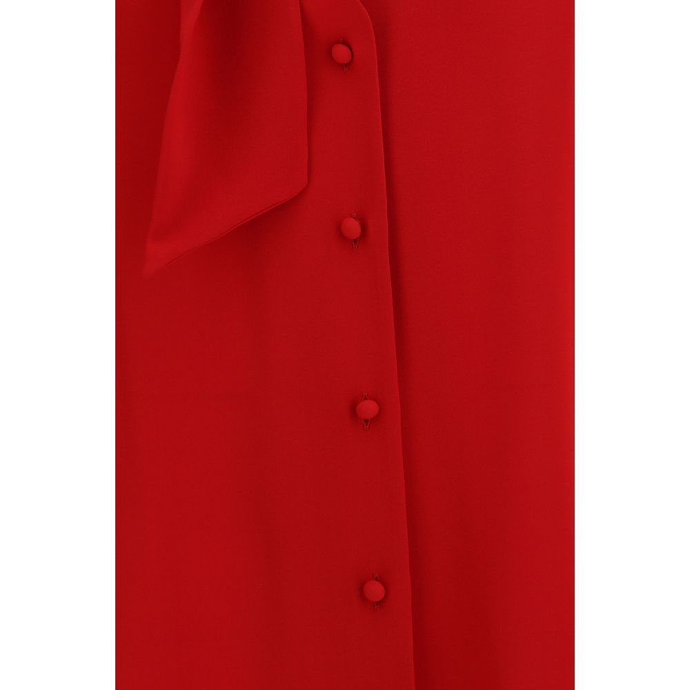 Valentino Garavani Red Silk Georgette Blouse with Balloon Sleeves & Pussy-Bow Tie