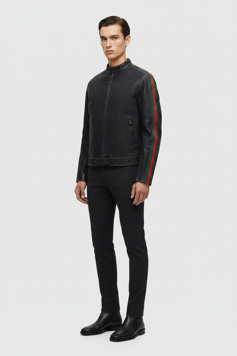 Gucci Black Washed Cotton Denim Biker Jacket with Web Stripe & Engraved Zipper
