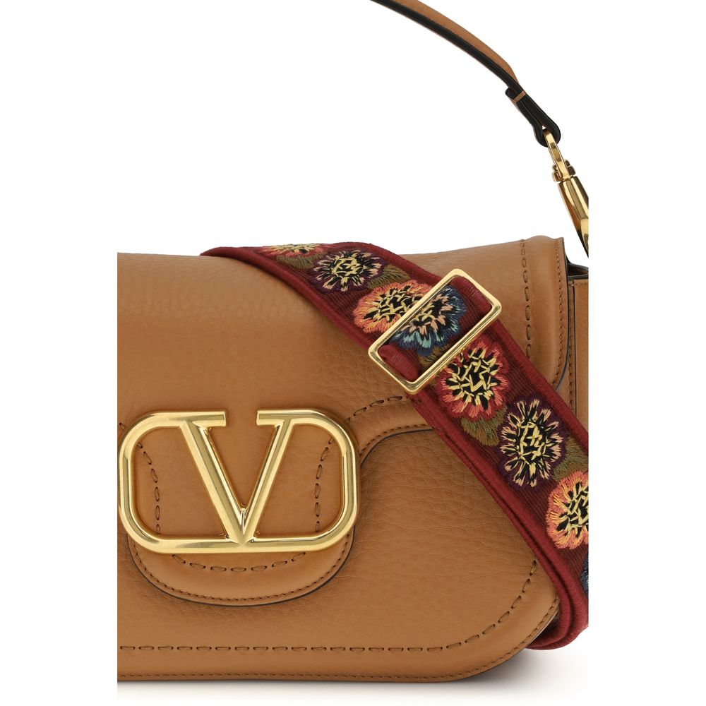 Valentino Garavani VLogo Beige Calfskin Shoulder Bag Embroidered Strap