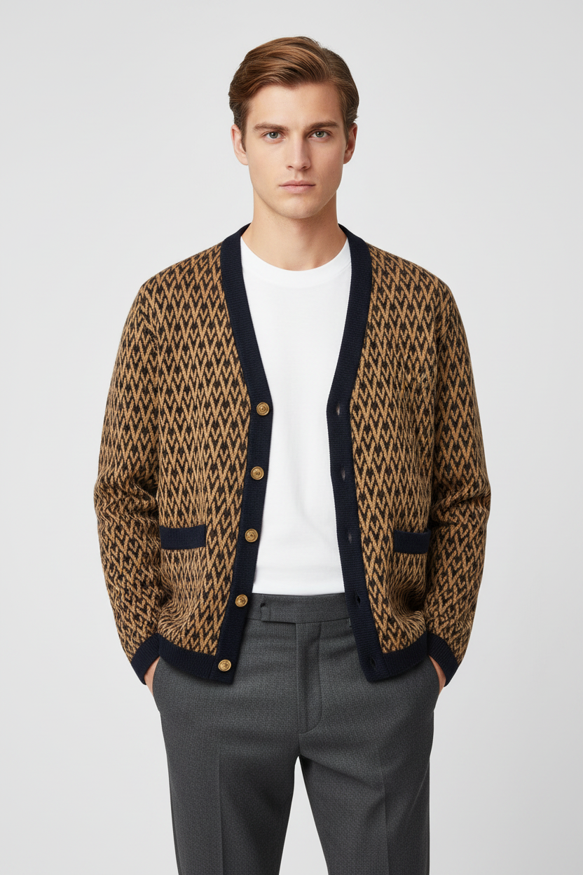Valentino Garavani Camel & Navy Cashmere Jacquard Cardigan with 'Toute la V' Pattern & Gold Logo Buttons