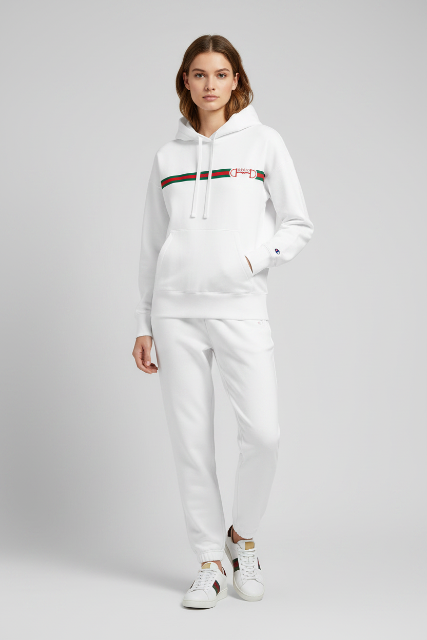 Gucci White Brushed Cotton Jersey Hoodie with 'Nastro Web' Print & 'Morsetto Gucci' Embroidery