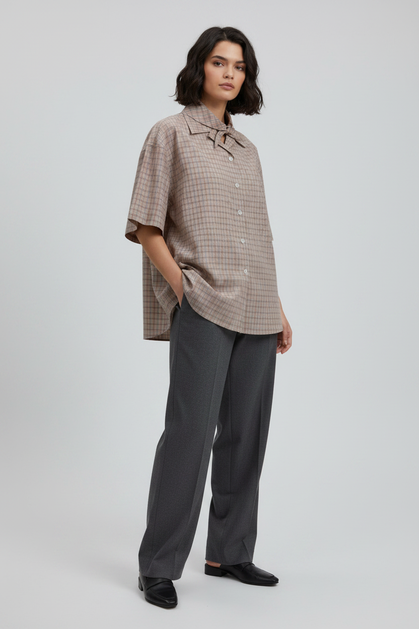 Prada Beige Check Cotton Short-Sleeve Shirt with Bowling Collar & Removable Bow Scarf