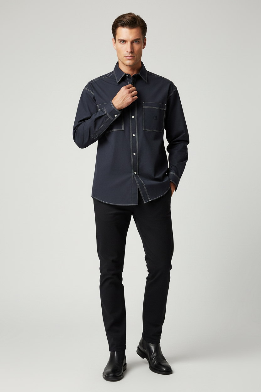 Fendi Dark Blue Cotton Shirt with 'FF Selleria' Embroidery, Triple Contrast Stitching & Snap Buttons