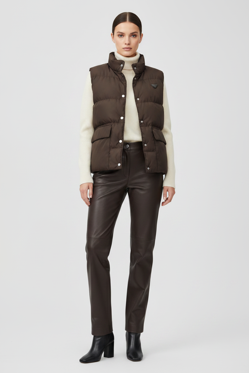 Prada Brown Re-Nylon Goose Down Gilet with Shirt Collar, Kangaroo Pockets & Triangle Logo