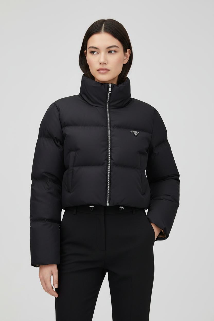 Prada Black Re-Nylon Short Down Jacket with Raised Collar, Drawstring Hem & Triangle Logo