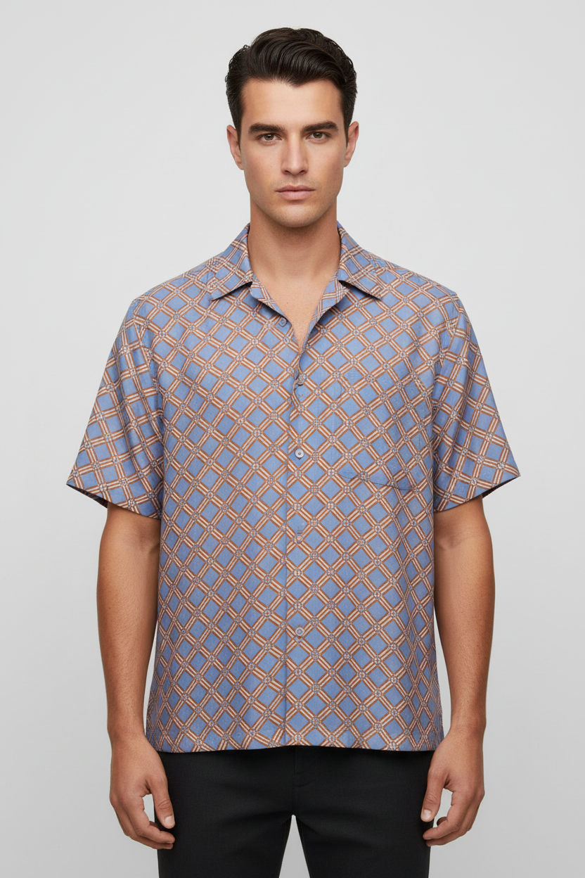 Fendi Blue & Orange Silk Oversized Shirt with 'Fendi Net' Geometric Pattern