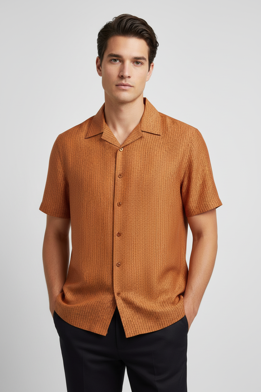 Fendi Orange Silk Comfort Shirt with Micro Stitching Pattern, Bowling Collar & FF Logo