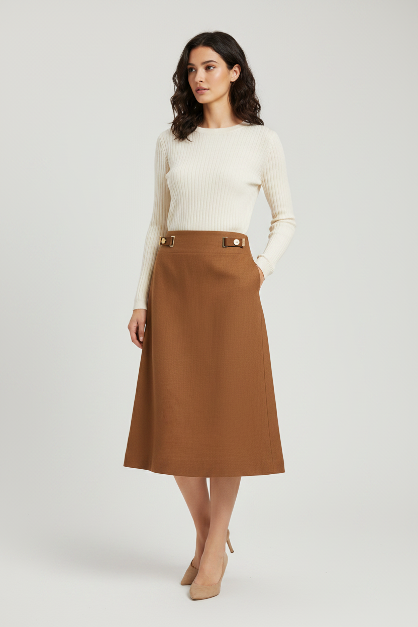 Fendi Flared Midi Skirt — Tobacco Brown Linen & Cotton
