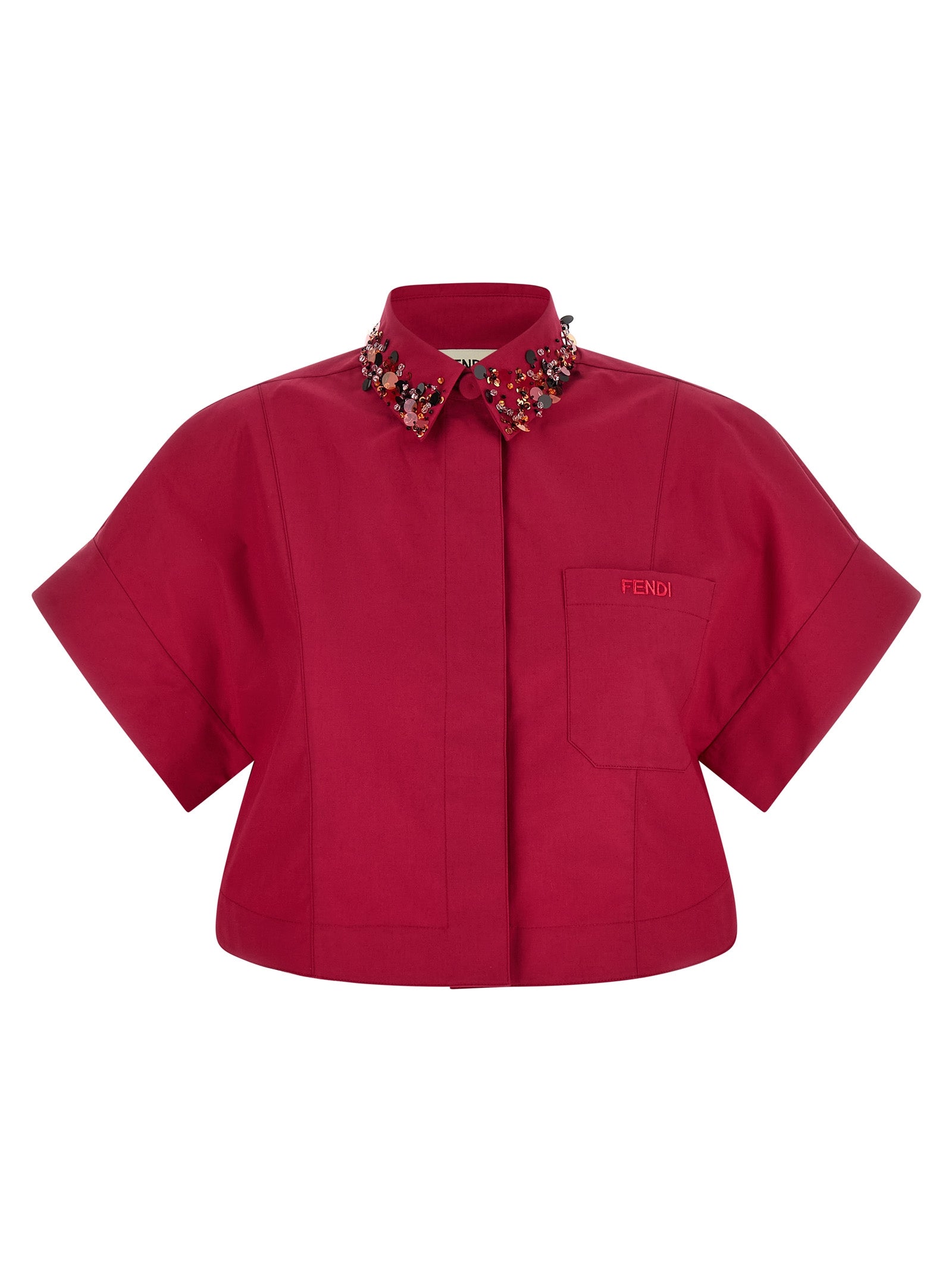Fendi Fuchsia Cotton Poplin Crop Shirt with Sequin & Rhinestone Embellished Collar