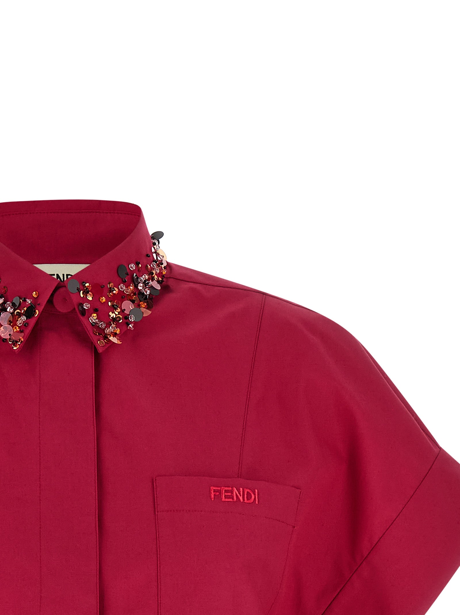 Fendi Fuchsia Cotton Poplin Crop Shirt with Sequin & Rhinestone Embellished Collar