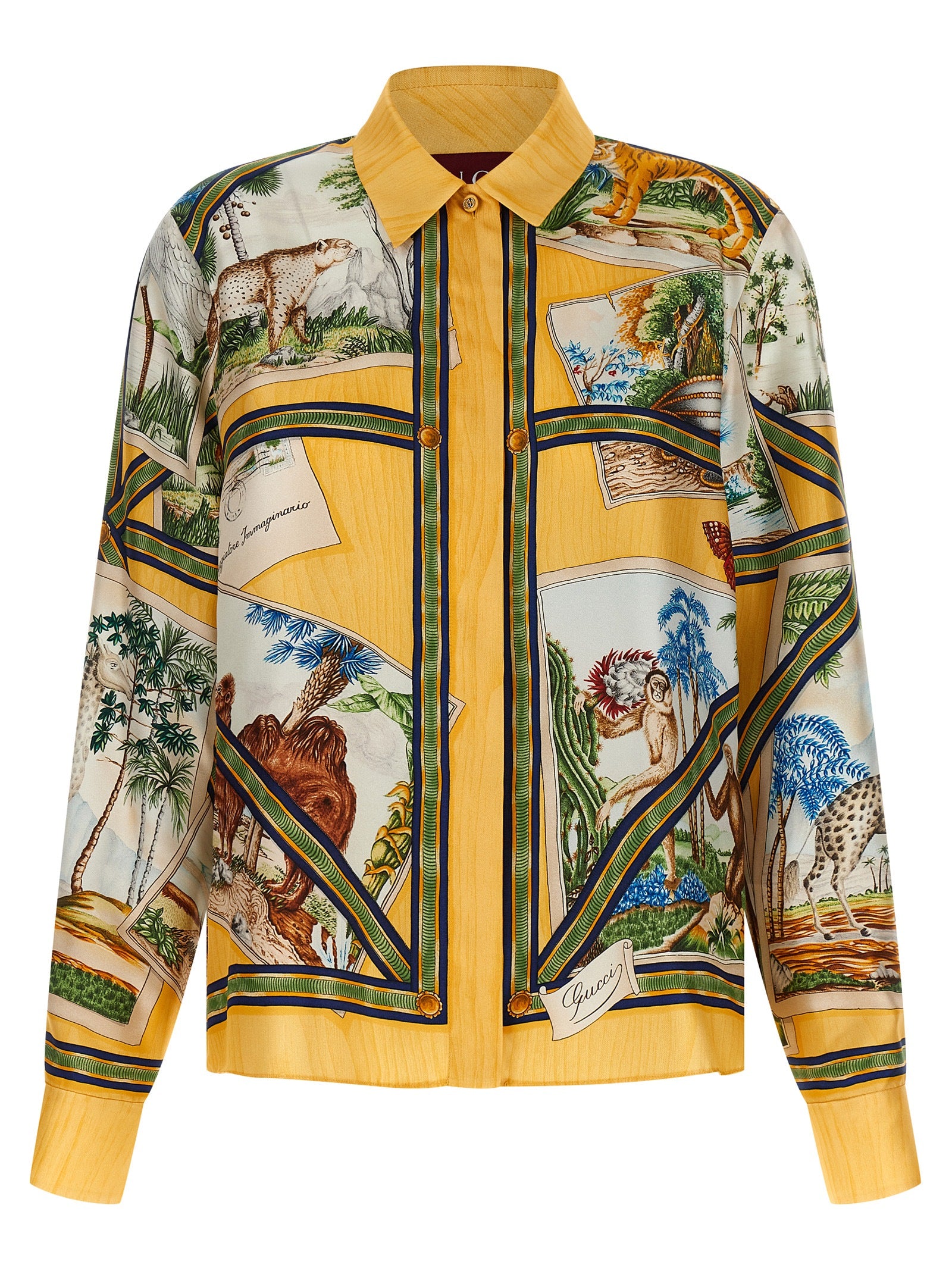 Gucci Yellow Silk Twill Nature Print Shirt with Animal & Tropical Landscape Motifs