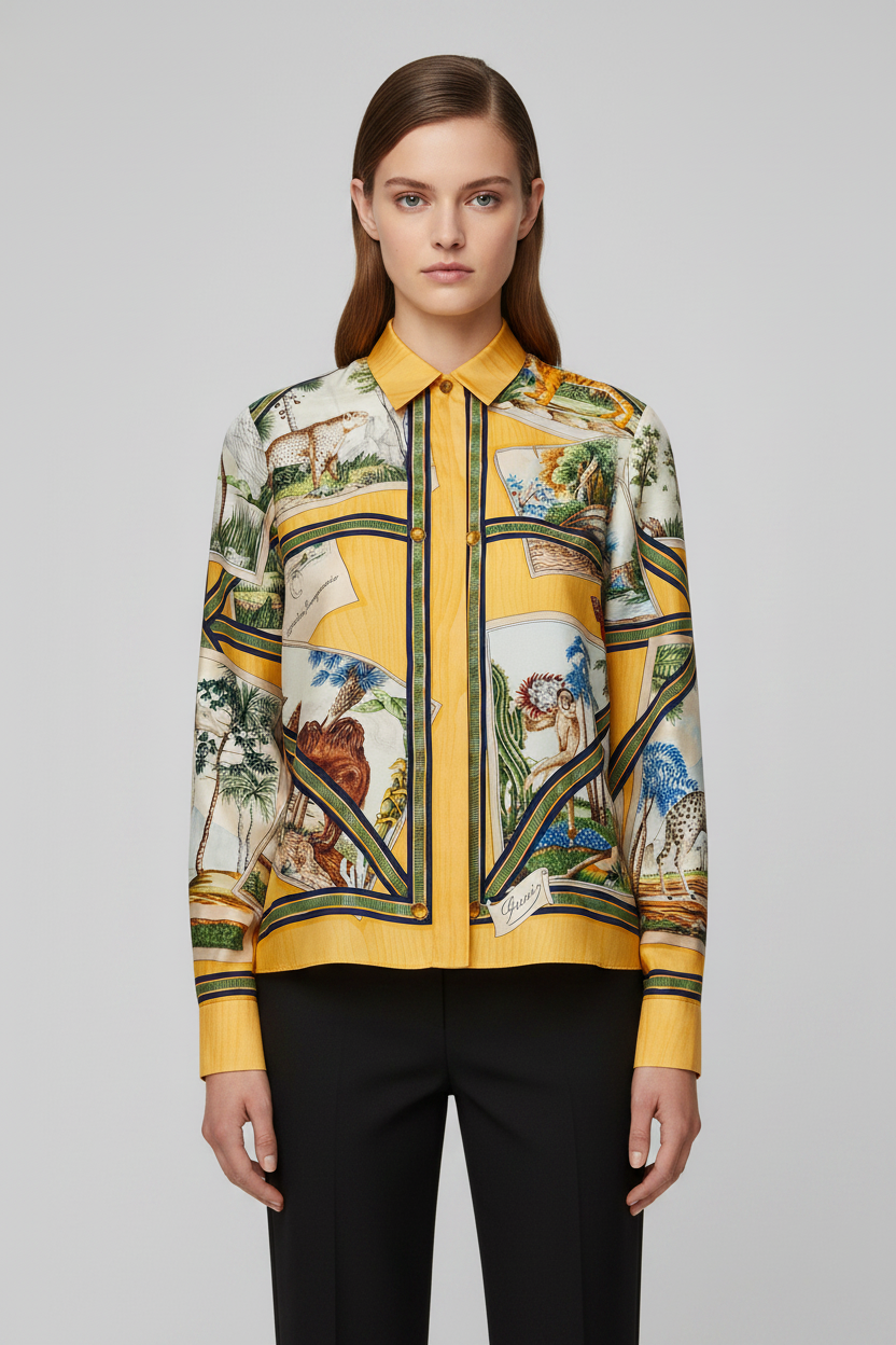 Gucci Yellow Silk Twill Nature Print Shirt with Animal & Tropical Landscape Motifs