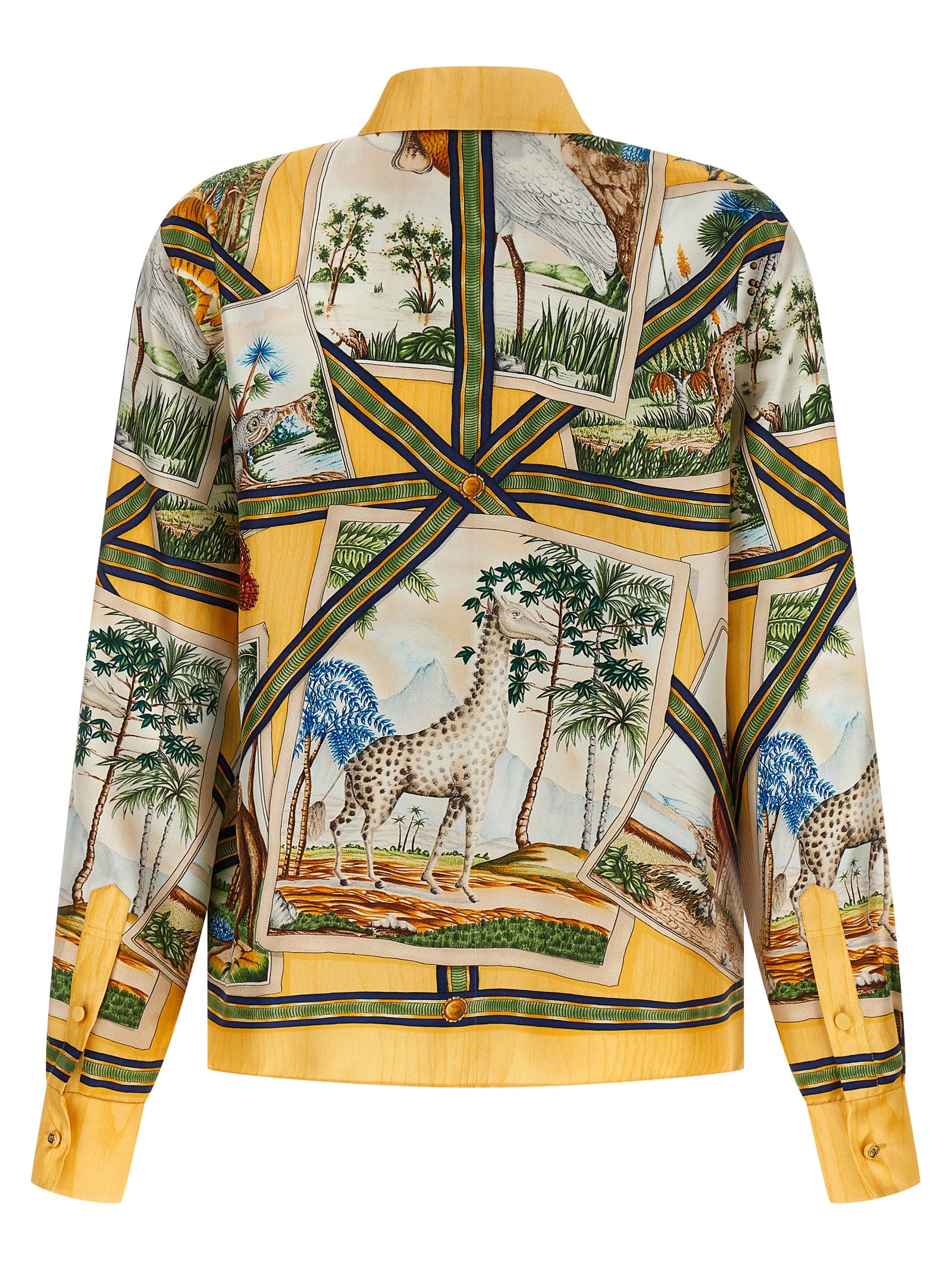 Gucci Yellow Silk Twill Nature Print Shirt with Animal & Tropical Landscape Motifs