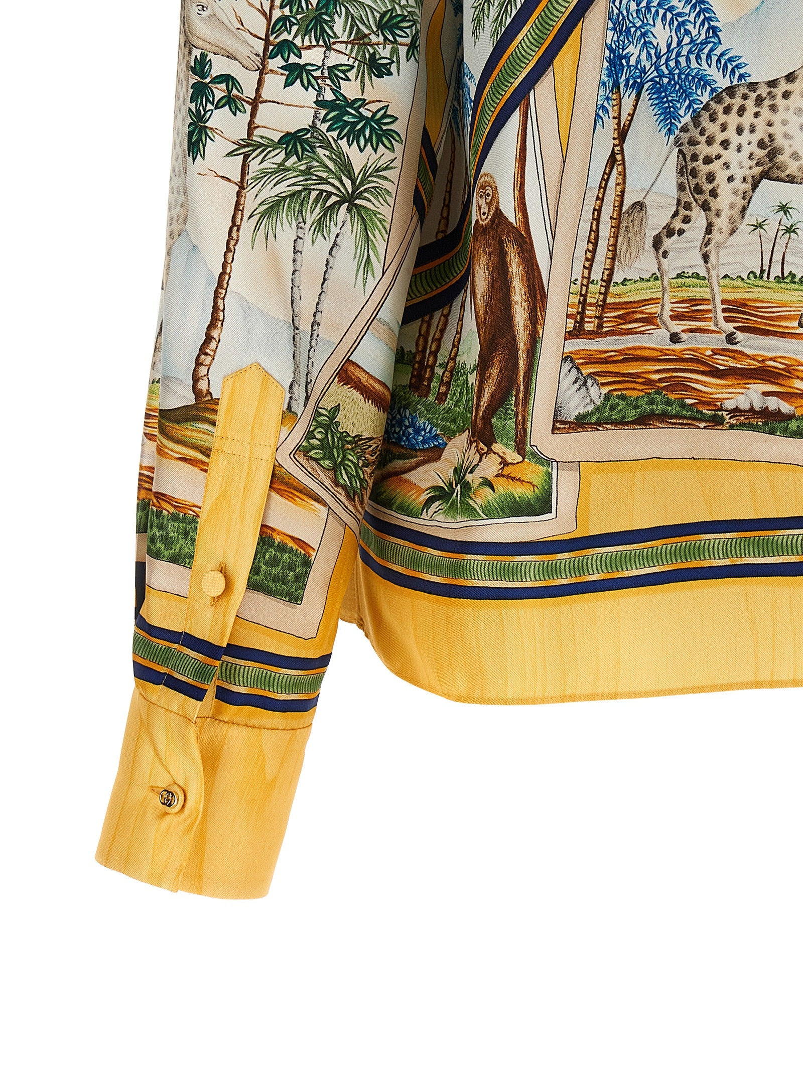 Gucci Yellow Silk Twill Nature Print Shirt with Animal & Tropical Landscape Motifs