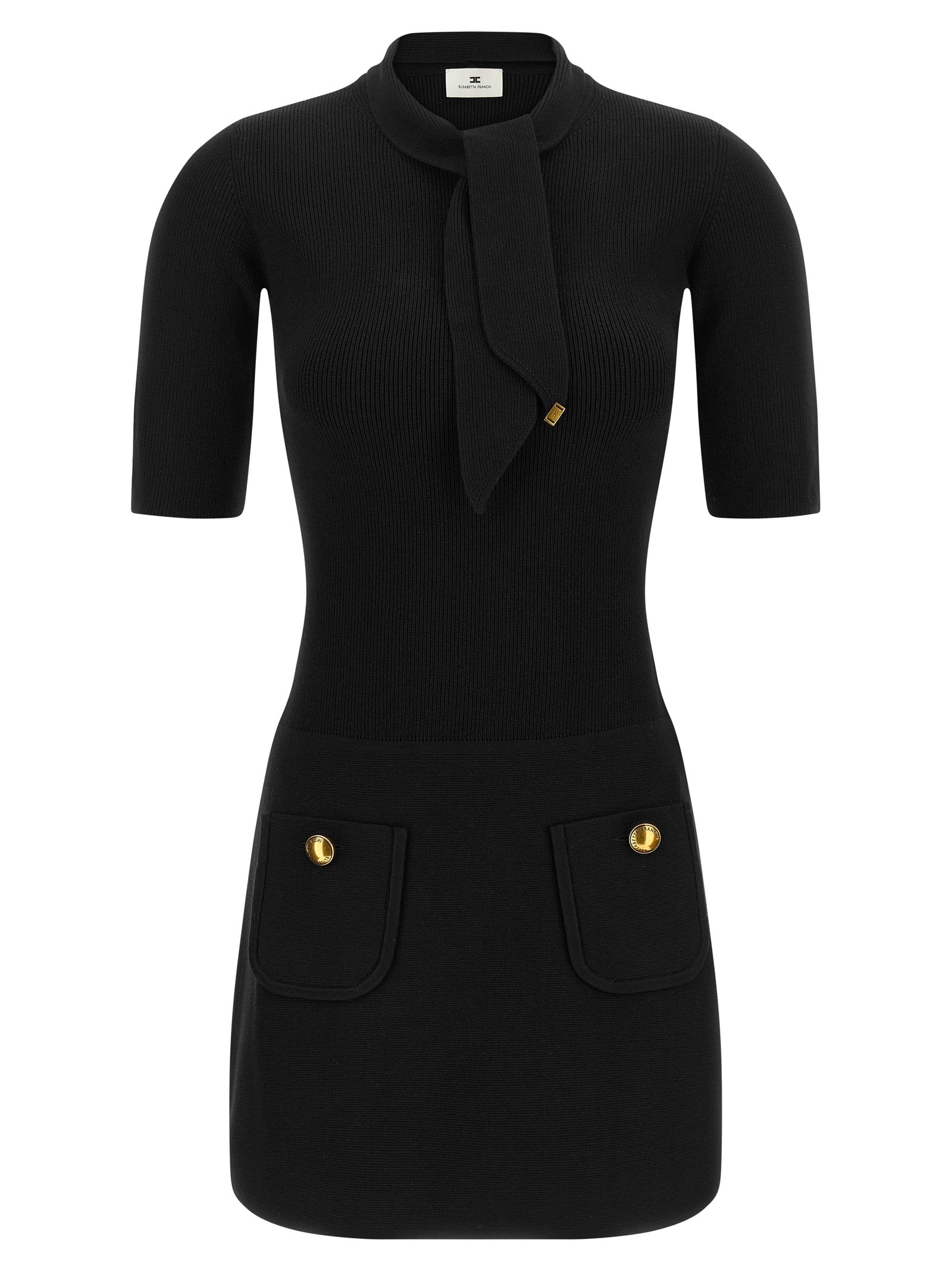 Elisabetta Franchi Black Ribbed Knit Short Dress with Gold Logo Buttons & Scarf Detail