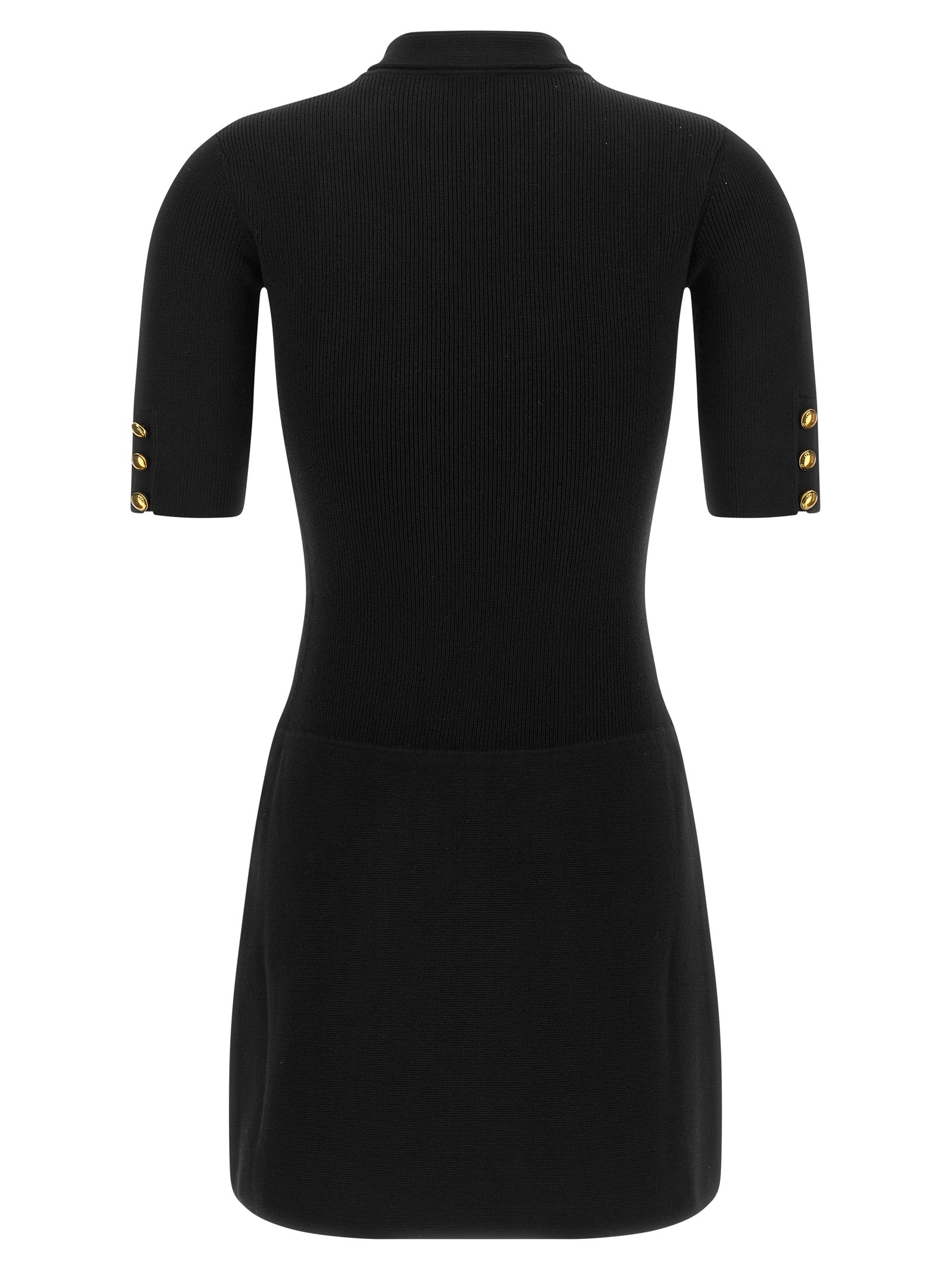Elisabetta Franchi Black Ribbed Knit Short Dress with Gold Logo Buttons & Scarf Detail